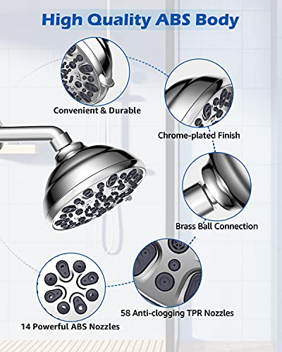 High Pressure Shower Head VMASSTONE 4.7" Rain Fixed Showerhead 7-Spray Setting with Adjustable Brass Swivel Ball Joint - Excellent Replacement for Your Bath Shower Head (FM-001 Chrome) - color: Chrome
