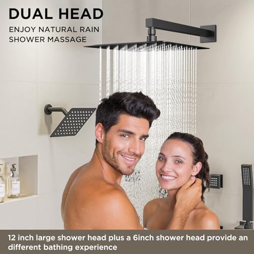 Shower Systems with 4 Body Spray Jets, STARBATH 4 Way 12+6" Rainfall Shower Head with Handheld Combo, Wall Mounted Shower Jets System Shower Faucet Sets Complete, Matte Black - color: Matte Black, size: 6"+12"-02