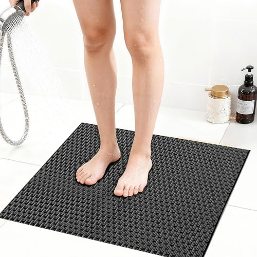 Extra Large Non-Slip Shower Mat, Fast-Dry PVC Bath Stall & Tub Mat, Drain-Hole Design,for Shower Stall Tub for Elderly/Kids，Non Slip Bathroom Safety Accessory，Black 27"x27" - color: Black, size: 27" x 27" (Rectangular)