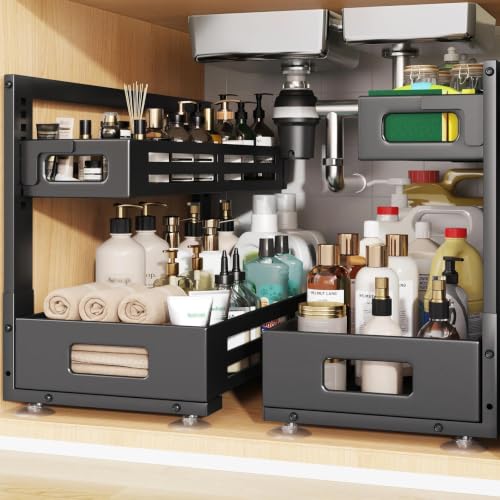 2 Pack 21IN-Depth Under Sink Organizer,Pull Out Cabinet Organizer With Smooth Cylindrical Rail,Metal Slide Out Drawer for Kitchen Bathroom Laundry,8-Level Tool Free Height Adjustable-Black - color: Black, size: 2 Pack-21"Dx9.5"-16.7"H