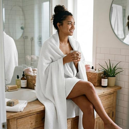 Vie Triomphe Waffle Weave Cotton Bath Towel 70x140cm, Textured Grid Pattern White, Lightweight Absorbent Quick Dry