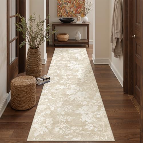 Soalmost Washable Runner Rug 2x8, Floral Neutral Hallway Runner Rug Beige | Oriental Soft Non-Slip Low Pile Thin Carpet Runner for Kitchen Bathroom Laundry Room Bedroom Entryway 2'x8' - color: Floral Beige, size: 2' x 8' (Runner)