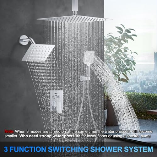 Shower Faucet Set, 12" Ceiling Mount Rainfall Shower System with 2 Rain Shower Head and Multi-function Handheld Head Push Button Diverter Shower Faucet Trim Kit (12", Polished Chrome) - color: Chrome Polished, style: 12"-Ceiling-01