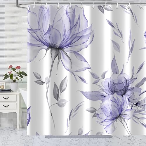 Purple Grey Watercolor Floral Shower Curtain, Flower Leaves Minimalist Aesthetic Art Shower Curtains for Bathroom Sets Decor, Waterproof Polyester Cloth Fabric with Hooks,60x72 Inch - color: Purple, size: 60"W x 72"L (Pack of 1)