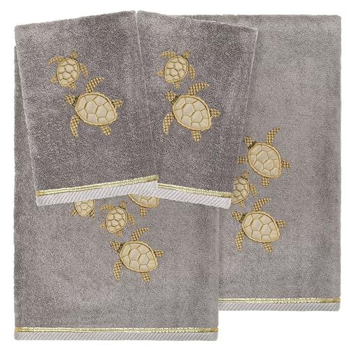 Jewel 4-Piece Premium Towel Set, Embroidered Turtles, Plush Turkish Cotton, Durable & Quick Dry, Elegant Beach Style, 2 Bath 2 Hand Towels, Charcoal - color: Charcoal, size: 2 Pcs Bath 2 Pcs Hand Towel