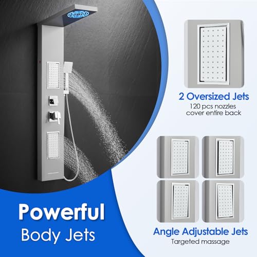 ROVOGO LED Shower Panel Tower System With Lights, 5 Shower Modes, Brushed | Rainfall Mist Shower Head, Large Body Jets, Handheld, Tub Spout, Stainless Steel Shower Column, Brass Mixing Valves, 50 Inch - style: 50" Brushed