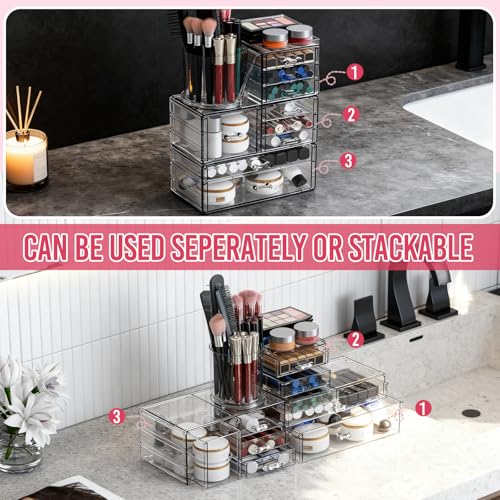 ShineMe Clear Makeup Organizer with 9 Drawers, 3 Tier Stackable Makeup Storage Organizer with Rotating Brush Holder, Acrylic Countertop Makeup Organizer for Vanity Skincare Jewelry Hair Accessories - size: 3 tires, 9 drawers