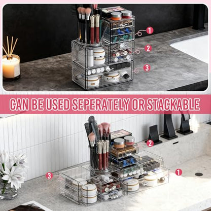 ShineMe Clear Makeup Organizer with 9 Drawers, 3 Tier Stackable Makeup Storage Organizer with Rotating Brush Holder, Acrylic Countertop Makeup Organizer for Vanity Skincare Jewelry Hair Accessories - size: 3 tires, 9 drawers