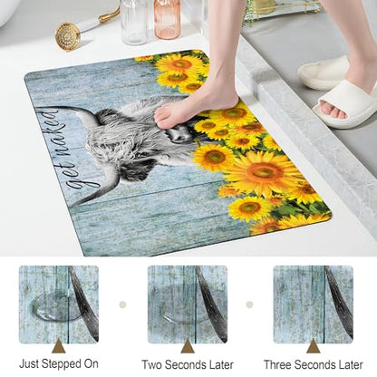SolAzul Highland Cow Leather Diatomaceous Earth Bath Mat,Super Absorbent Diatomite Stone Bath Mat Non Slip Quick Dry Thin Bathroom Floor Mat Rug (16×24 Inch) (COW-02) - color: Cow-02