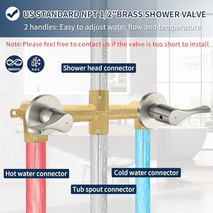 2 Handle Shower Faucet Set with Tub Spout Bathtub Shower Faucet Combo Set Shower System Complete Tub and Shower Trim Kit Brushed Nickel Wall Mounted Two Handles Shower Fixtures - color: Brushed Nickel
