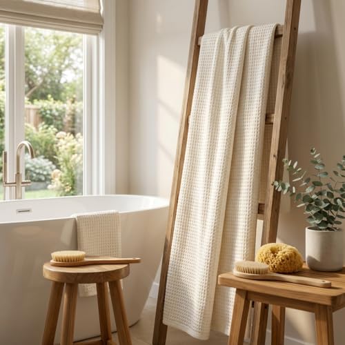 Bamboo Viscose Waffle Bath Towels - Pack of 4 - Ivory - 250 GSM – 100% Viscose Derived from Bamboo - Quick-Dry Waffle Weave - Spa & Gym Ready - Oeko-TEX Certified – Absorbent - Breathable - color: Ivory