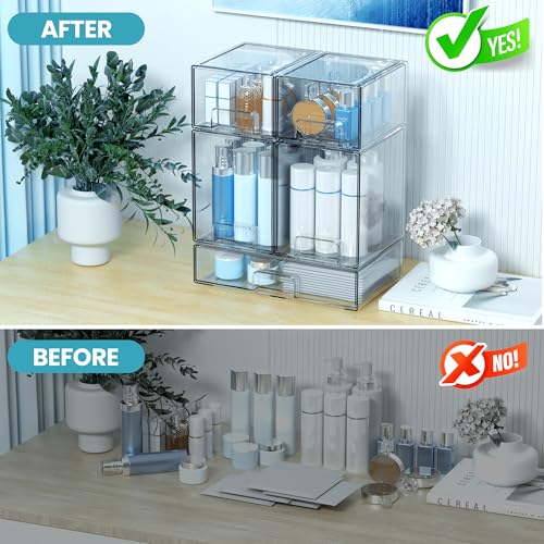 Stackable Storage Drawers, 3 Pack Clear Acrylic Makeup & Baby Bottle Storage Organizer, Versatile Storage Bins for Vanity, Under Sink, Kitchen Cabinets & Pantry (3 Pack)