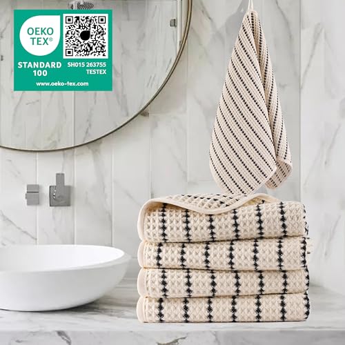 POLYTE 430 GSM Poly Blend Microfiber Quick Dry Waffle Hand Towel, 16x30 in | 4 Pack, Oversize, Lint Free, Quick Dry, Hanging Loop - color: Light Beige/Black