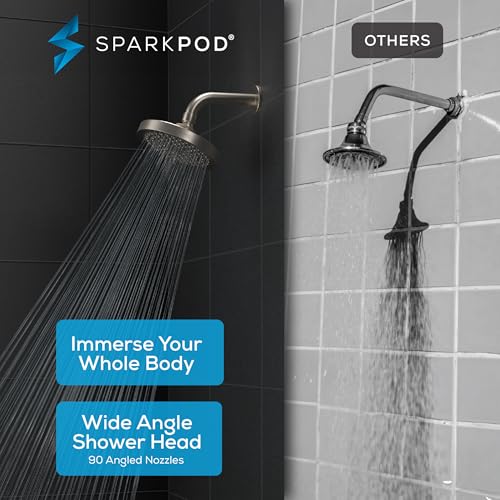 SparkPod Rain Shower Head, 6 Inch Round, Elegant Brushed Nickel Finish | High Pressure Shower Heads, 90 Nozzles, Adjustable Showerhead, No Tools Needed, Universal Connection - color: Elegant Brushed Nickel, style: 6 Inch Round