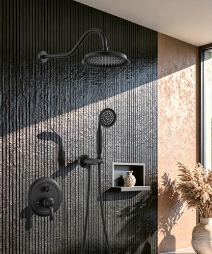 Antique Shower Faucet Head System Set,Matte Black Vintage Rain Spa Shower Head and Handle Sets Complete,Rikaziya luxury Wall 9" Rainfall Handheld Spray Faucet Systems with Upgrade Brass Valve Trim Kit - color: Matte Black