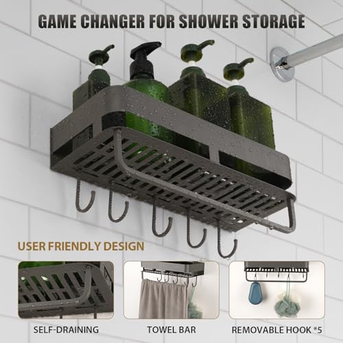 Extended version Adhesive Shower Caddy, 15.7 inch Stainless Steel Shower Shelves for Inside Shower with Hooks & Towel Bar-No Drilling(Gun Gray) - size: 15.7inch-1Pack-Adhesive Gun Gray
