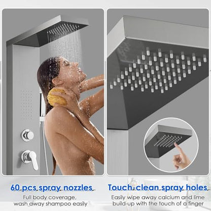 ROVOGO Shower Panel Tower System with 4 Shower Modes, 46.5", No Led Lights | Rain Shower Head, 2 Body Jets, Handheld and Tub Spout, Stainless Steel Shower Column w/ Brass Valves, cUPC Cartridge, Brushed - color: Brushed-no led