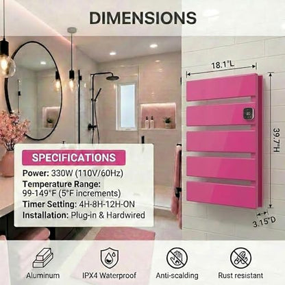 5 Panel Pink Heated Towel Rack for Bathroom Towel Warming | Fast-heat in 2-3 minutes. Dry towels in 4 hours. Smart thermo control and precise timer, Work with Smart Plug. - size: 5 Panel
