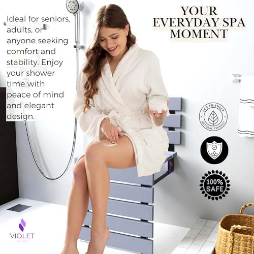 Folding Wall Mounted Teak Wood Shower Seat with Backrest, Water Resistant Foldable Bathroom Stool with Legs, Premium Materials Handmade Shoe Changing Bench, Space Saving and Super Safe Chair (Gray) - color: Gray