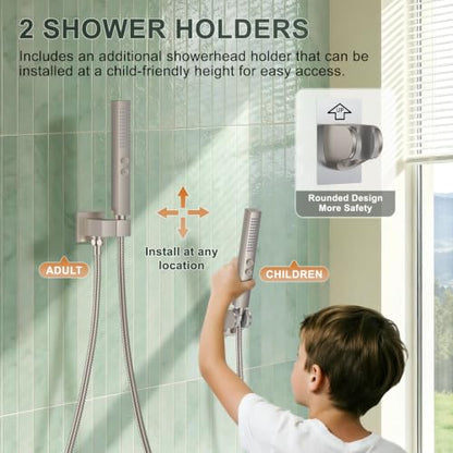 Rain Shower System with Rough-in Valve, Wall Mount Shower Faucet Set with 12" & 6" Dual Rain Shower Heads, 2-in-1 Handheld Shower, Tub Spout, 4-Function Complete Shower Fixture, Brushed Nickel - color: Brushed Nickel, size: Wall Mount-12"+6" head with Tub