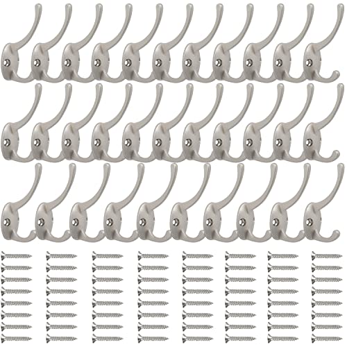 IBosins 32 Pack Silvery Double Coat Hooks Wall Mounted with 64 Screws | Retro Double Hooks Utility Hooks for Coat, Scarf, Bag, Towel, Key, Cap, Cup, Hat - color: 32 Pcs Silver