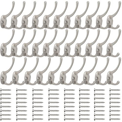 IBosins 32 Pack Silvery Double Coat Hooks Wall Mounted with 64 Screws | Retro Double Hooks Utility Hooks for Coat, Scarf, Bag, Towel, Key, Cap, Cup, Hat - color: 32 Pcs Silver