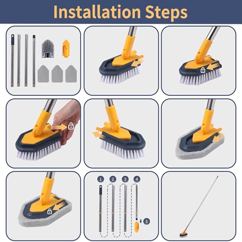 BOOMJOY Tub Cleaner Brush with Long Handle, 55" Extendable Tub Scrubber with Locking Head, No Scratch Shower Cleaning Brush for Bathtub, Bathroom Ceilings, Toilet, Kitchen, Tile, Sink - color: Yellow