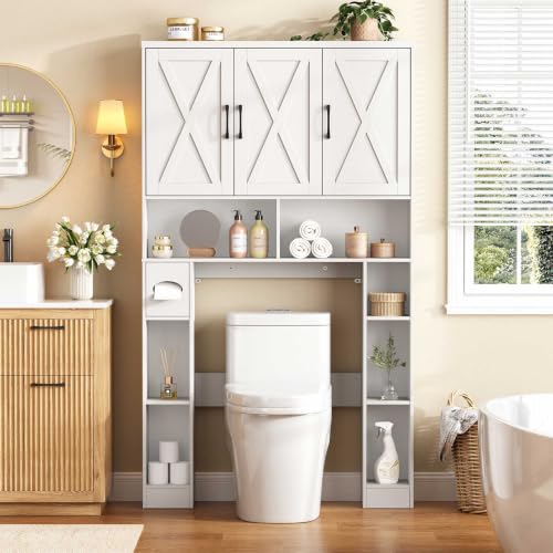 Halitaa Over The Toilet Storage Cabinet with 3 Barn Doors.White | Farmhouse Toilet Cabinet Rack, Space Saving Bathroom Organizer with Shelves, Toilet Paper Holder and Towel Rack for Bathroom. - color: White, style: 3 Barn Doors