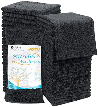 Orighty Washcloths Bulk Towels Set 50 Pack, Highly Absorbent and Super Soft Microfiber Fingertip Towels, Multi-Purpose Wash Cloths for Bathroom, Hotel, Spa, and Gym, 12x12 Inch, Black | Highly Absorbent & Soft Feel, Multi-Purpose Wash Cloths & Hand Towels