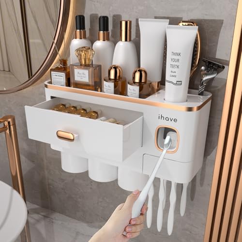 iHave Toothbrush Holders Bathrooms Wall Mount Toothpaste Dispenser & 3 Cups | Elegant White & Gold Bathroom Decor: 3 Cups, 6 Slots, Toothpaste Dispenser, Tray & Drawer Wall Mount Toothbrush Organizer - color: Gold White, size: 3 Cup