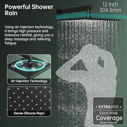 Hoimpro 12 Inch Rainfall Shower Faucet with 4 Full Body Shower Jet Fixtures Combo, Shower System Set with Rain Mixer Shower Head and Brass 2 in 1 Spray Handheld Showerhead, Wall Mounted, Matte Black - color: Black