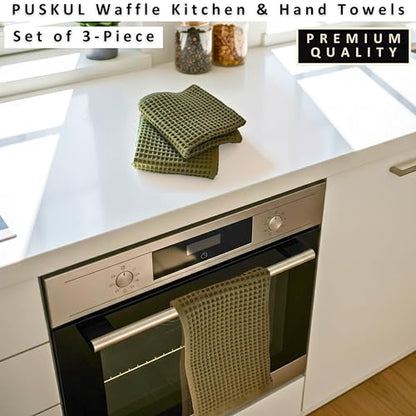 PÜSKÜL Natural 100% Turkish Cotton Waffle Hand and Kitchen Towels Set of 3 | Khaki Green, Large 32x16 inc, Honeycomb-Waffle weave towel for bathroom & kitchen. Premium quality oeko-tex made in Turkey. - color: Khaki Green, size: Kitchen & Hand Towels Pack