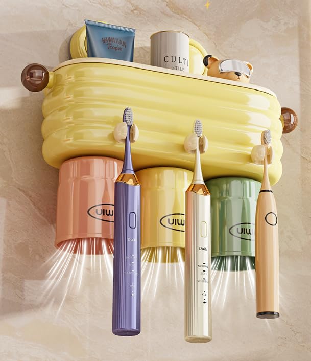 Toothbrush Holder for Bathroom,3 Cups Toothbrush Holder Set Wall Mounted, Ideal Bathroom Accessories Organization (Cream Yellow) - color: Cream Yellow