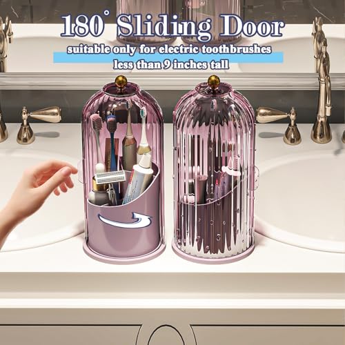 Toothbrush and Toothpaste Holders with Cover, All Pink | Waterproof and Dustproof, 360° Rotating Base, Smooth Sliding Door, 3 Slots, for Bathroom Countertop - color: All Pink