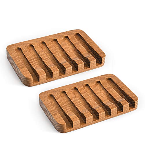 Wooden Soap Dishes for Bathroom Shower,Teak (2P) | Bar Soap Holder with Self Draining Tray, Natural Waterfall Drain Soap Saver