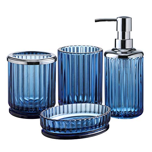 4PCs Heavy Weight Decent Blue Glass Bathroom Accessories Set with Decorative Pressed Pattern - Includes Hand Soap Dispenser & Tumbler & Soap Dish & Toothbrush Holder (Cobalt Blue) - color: Cobalt Blue