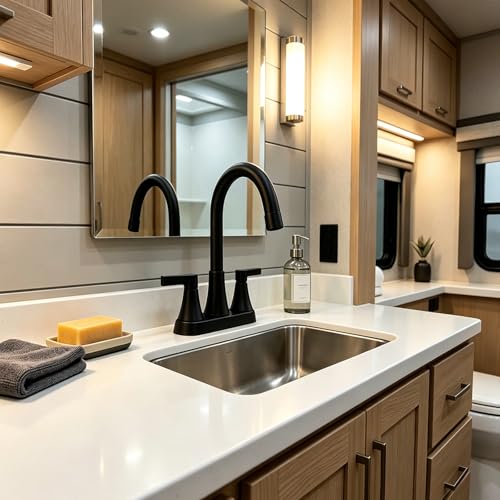 Matte Black Bathroom Faucet 3 Hole, VAPSINT 4 Inch Black Bathroom Sink Faucet, 2 Handle Stainless Steel Centerset Faucet for Vanity Lavatory RV with Pop-up Drain and Supply Hoses - color: Matte Black