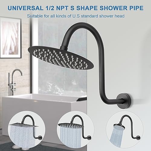 S Shaped Shower Arm, High Rise Shower Head Extension Pipe Standard 1/2" Connection with Flange, Awesome Shower Experience-Stainless Steel Bathroom Accessory(13 Inch 2-S Shape, Matte Black) - color: Matte Black, style: 13" 2 Shape
