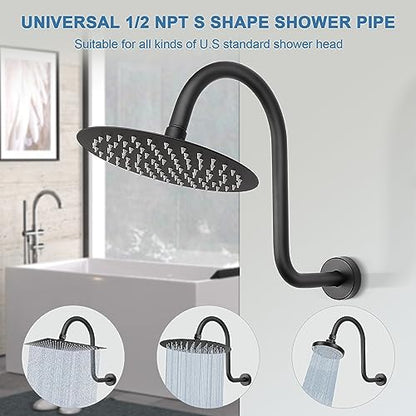 S Shaped Shower Arm, High Rise Shower Head Extension Pipe Standard 1/2" Connection with Flange, Awesome Shower Experience-Stainless Steel Bathroom Accessory(13 Inch 2-S Shape, Matte Black) - color: Matte Black, style: 13" 2 Shape