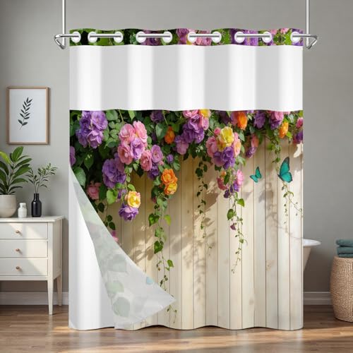 No Hook Floral Shower Curtain with Snap in Liner, Machine Washable Cloth Shower Curtain with See Through Window and Weighted Bottom, Waterproof Fabric Summer Shower Curtains for Bathroom, 71x74 Inches - color: Flower Vines