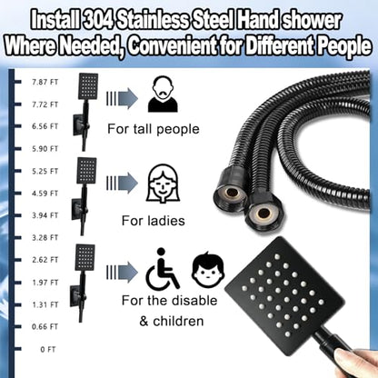 Black Shower Head and Handle Set All Metal, 8'' High Pressure Rain 2 in 1 Showerhead with Handheld Spray Combo with 78" Hose Stainless Steel, Adhesive Showerhead Holder, WOSAISIUS