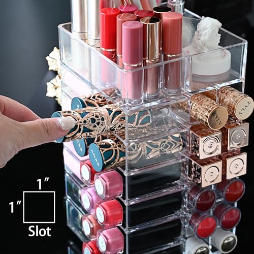 Ikee Design Acrylic Rotating Lipstick Gloss Make Up Organizer with 53 Slots | Rotating Acrylic Lip Gloss for Makeup, Lipsticks, Brushes, Cosmetic Storage Display, Bathroom, Vanity, Countertop - color: 3) Clear, 53 Slots