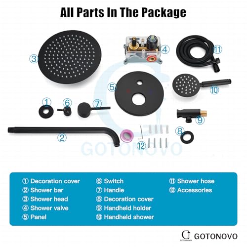 gotonovo High Pressure Shower System Valve and Trim Kit,Matte Black | Round Rain 10 Inch Shower Head with Handheld Faucet Set Complete,Rough In Valve,2-in-1 Diverter,All Metal,Bathroom Wall Mount - color: Black