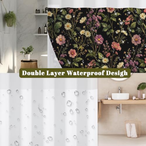 Dark Floral Shower Curtain with Snap in Liner & Tassels, 71W x 77L | No Hook Needed, Double Layer Waterproof Fabric with Mesh Top, Moody Botanical Wildflower Design for Boho Farmhouse Bathroom - color: Colorful Wildflowers