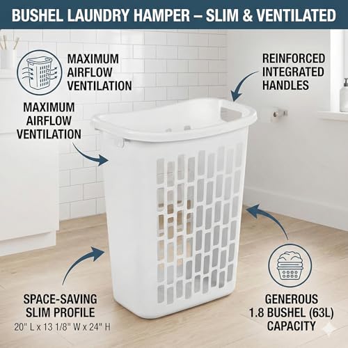 Bushel Laundry Hamper, Slim Rectangular Ventilated Plastic Clothes Basket, Heavy Duty Washing Bin With Reinforced Handles for Bathroom, Dorm, and Closet Organization, White, 1 Pack