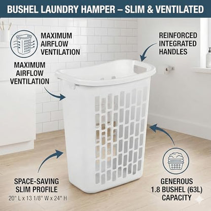 Bushel Laundry Hamper, Slim Rectangular Ventilated Plastic Clothes Basket, Heavy Duty Washing Bin With Reinforced Handles for Bathroom, Dorm, and Closet Organization, White, 1 Pack