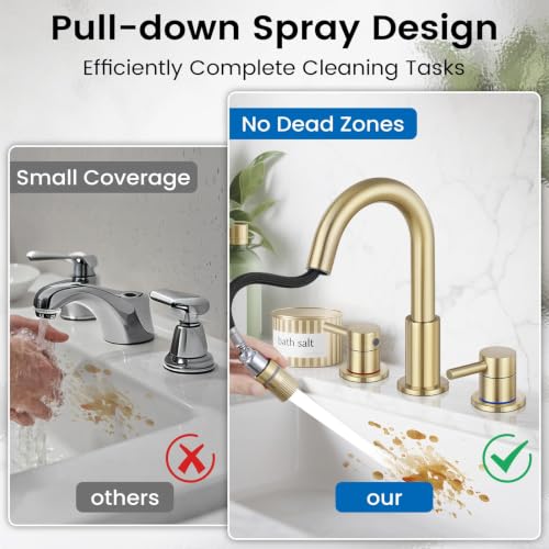 Pull-Down Bathroom Faucet 3 Hole 8 Inch with Pop-Up Drain,Brushed Gold | 360° Swivel Spoutr & Dual Modes,8" Widespread 2-Handle, Pop-Up Drain & 10-Min Install for 3-Hole Bathroom Sink Faucets. - color: Brush Gold