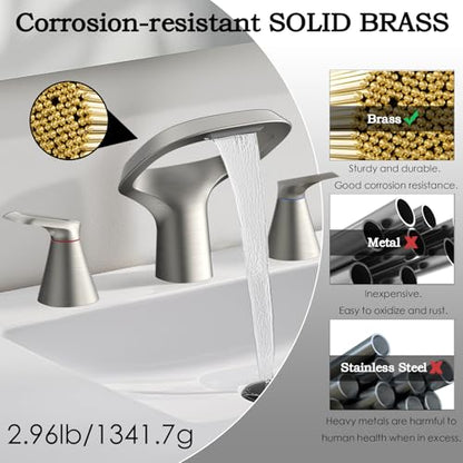 Bathroom Faucets for Sink 3 Hole, Bezeit 8 Inch Brushed Nickel Bathroom Faucet, Solid Brass Widespread Bathroom Faucet with Adjustable Waterfall Spout 2 Handles and 2 Supply Hoses - color: Brushed Nickel, style: Modern