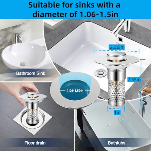 Bathroom Sink Drain Strainer 2 Pack,Bathroom Sink Stopper with Pop-Up Drain and Removable Hair Catcher, Stainless Steel Filter Basket, Fits Standard US Bathroom Sinks