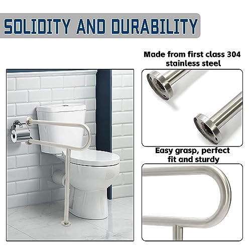 HECASA 24x30 Inch Handicap Grab Bars Rails 304 Stainless Steel Toilet Handrail Bathroom Safety Bar Wall Mount Floor Support Assist Bar for Disabled Elderly Mounted Bath Grips